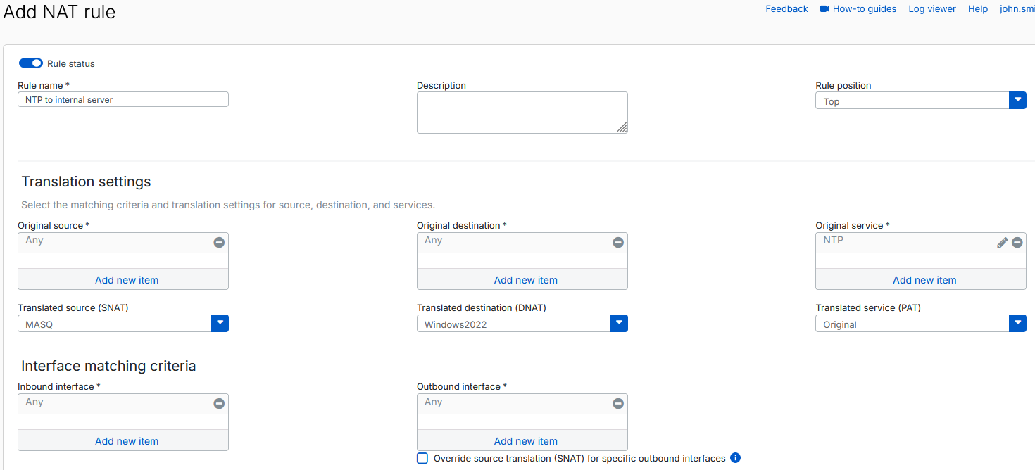 Forward NTP traffic to the itnernal NTP server.