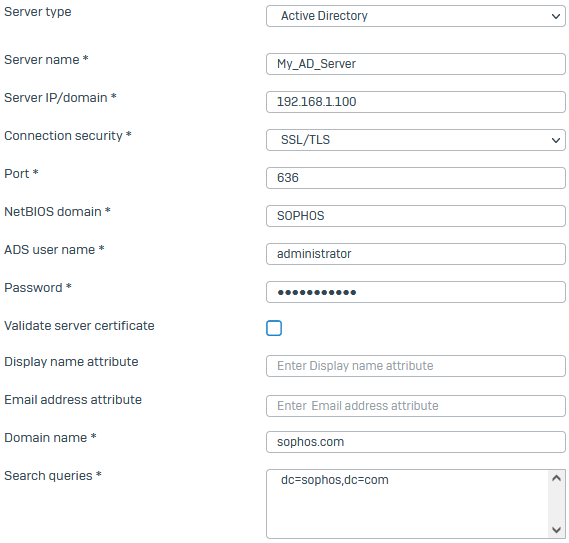 Example AD server settings.