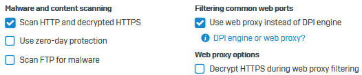 Select scanning and web proxy in the firewall rule.