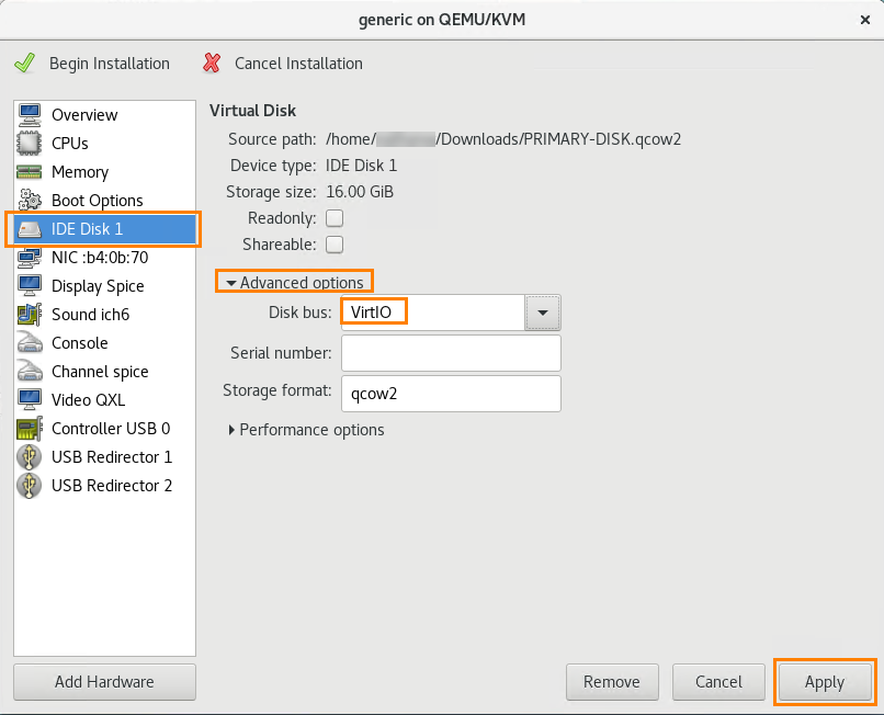 Configuration window IDE Disk 1 tab.