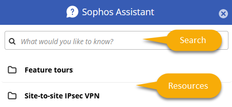 The Sophos Assistant window with the search bar at the top and the list of help resources below.