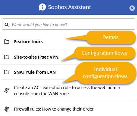 The Sophos Assistant window with the search bar at the top and the list of help resources below.