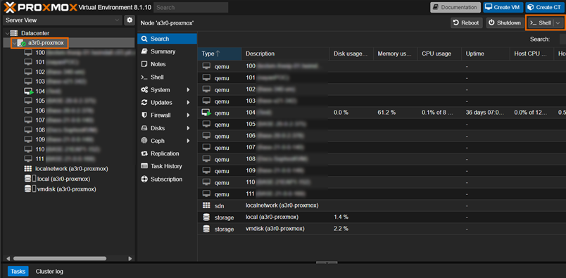Proxmox VE dashboard with Shell button highlighted.