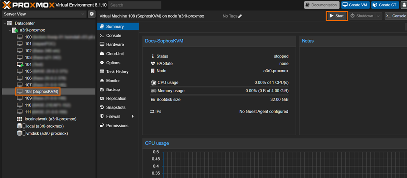 Proxmox VE dashboard with VM and Start button highlighted.