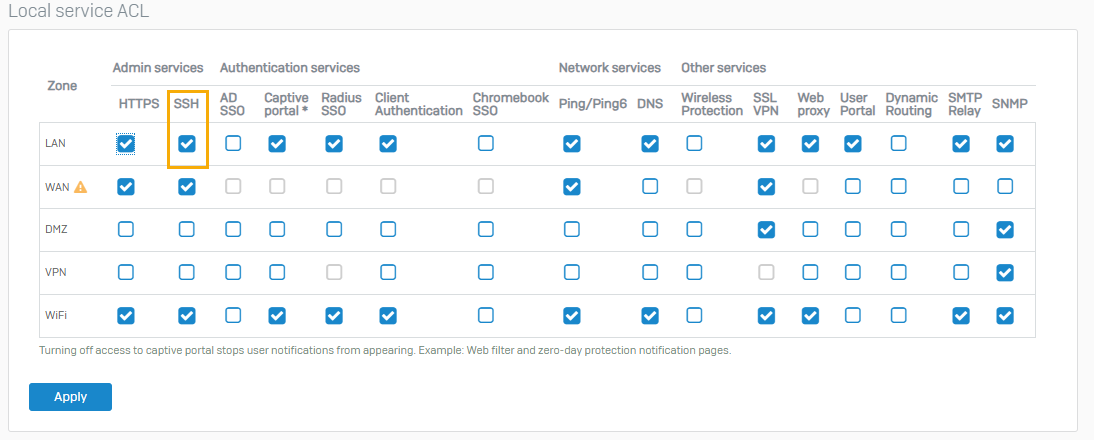 Turn on SSH for LAN zone.