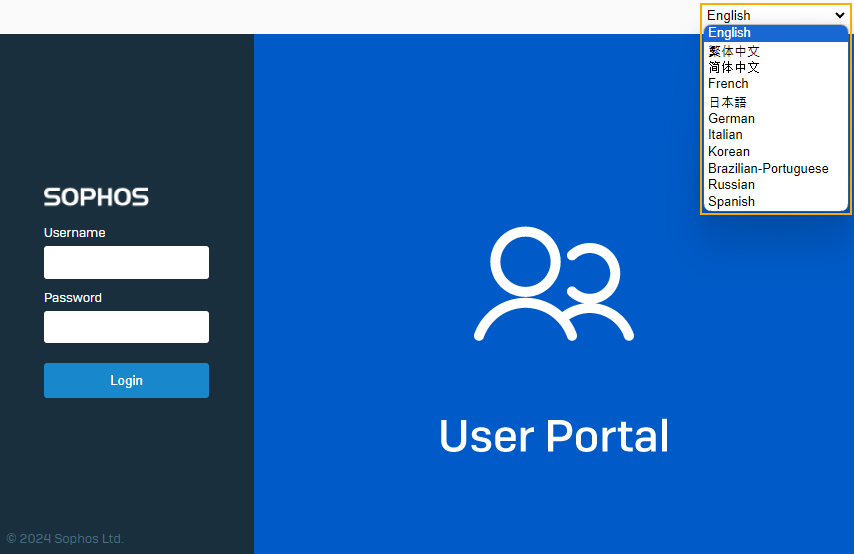 User portal language drop-down.