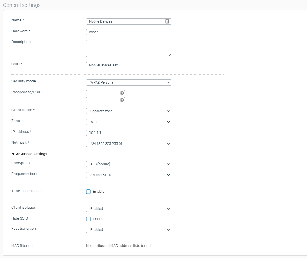 Mobile device Wi-Fi settings.